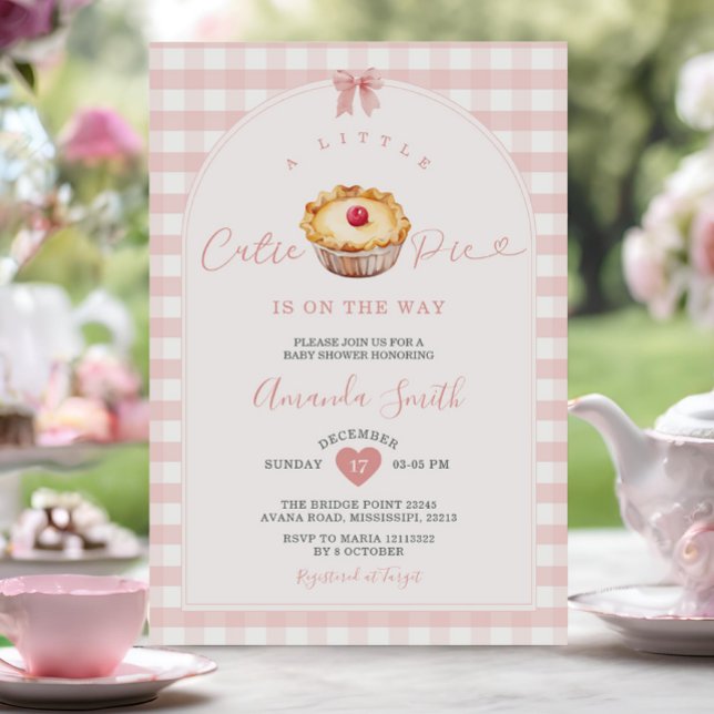 Invitación Peach Pink A Little Cutie Pie Gingham Baby Shower (Subido por el creador)