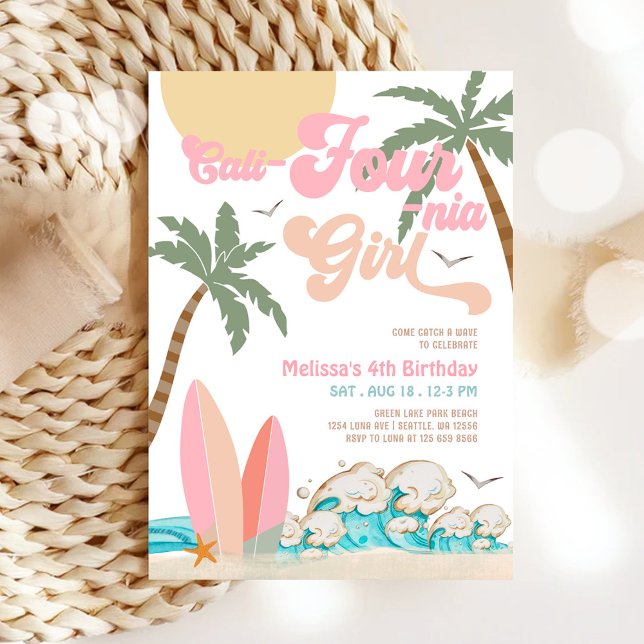 Invitación Peach Pink Cali-Four-nia Chica Surfing 4º Cumpleañ (Subido por el creador)