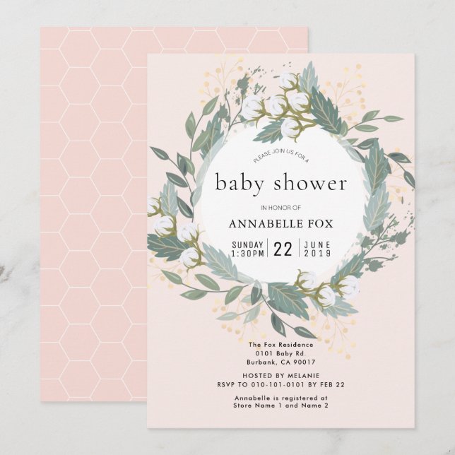 Invitación Peach Pink Cotton Garden Wreath Baby Shower (Anverso / Reverso)