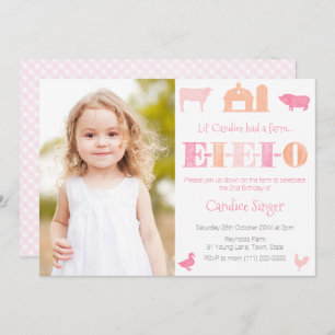 Invitación Peach Pink EIEIO Petting Zoo Chica Birday Party