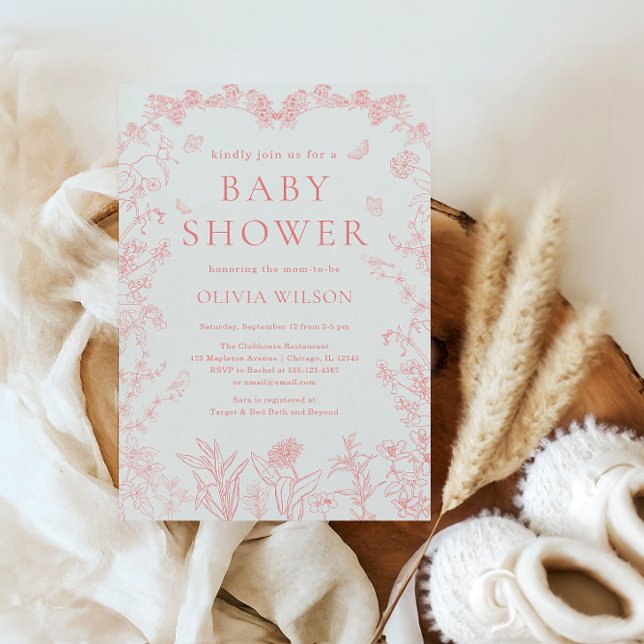 Invitación Peach Pink Garden Chinoiserie Baby Shower (Peach Pink Garden Chinoiserie Baby Shower Invitation)