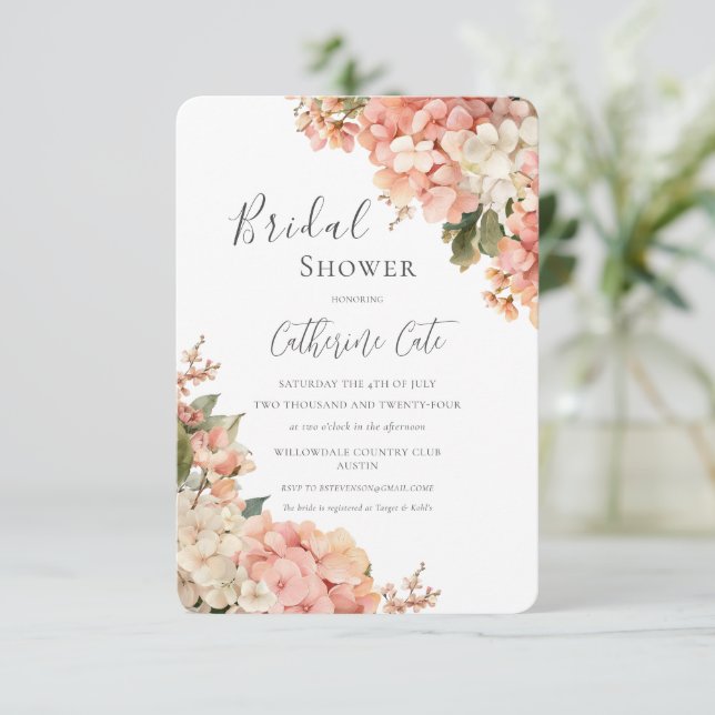 Invitación Peach & Pink Hydrangeas Floral Bridal Shower (Anverso de pie)