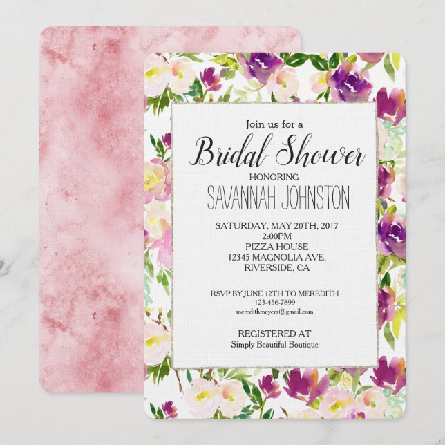 Invitación Peach Pink Morple Burgundy Floral Bridal Shower (Anverso / Reverso)