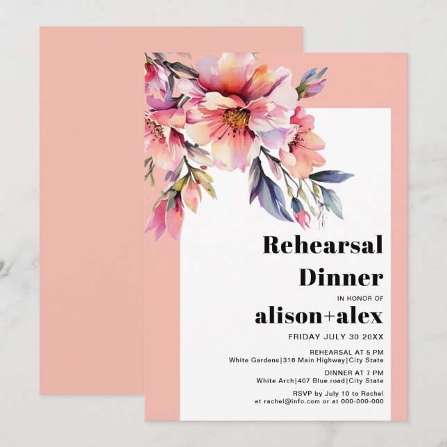 Invitación Peach-pink rhododendron wedding rehearsal dinner (Anverso / Reverso)