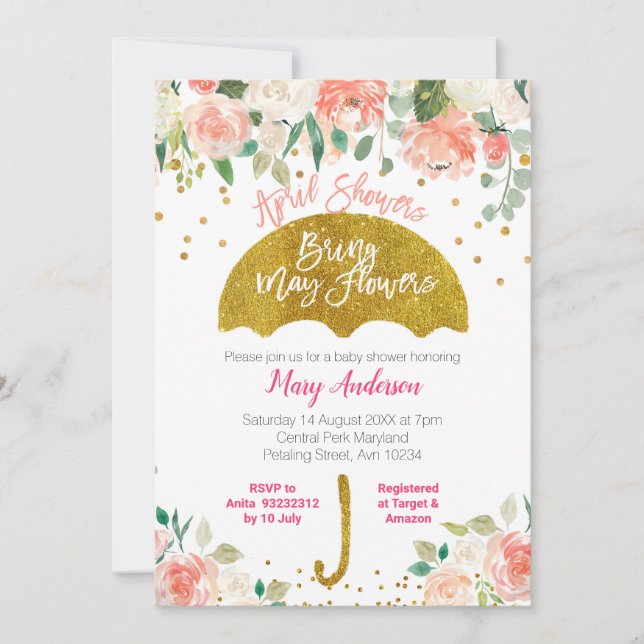 Invitación Peach Pink Umbrella April Showers Bring May Flower (Anverso)