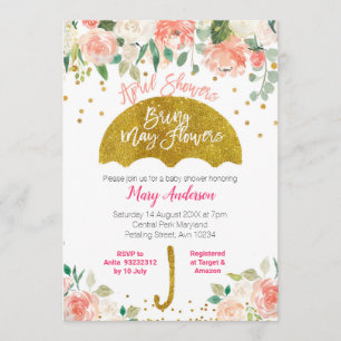 Invitación Peach Pink Umbrella April Showers Bring May Flower