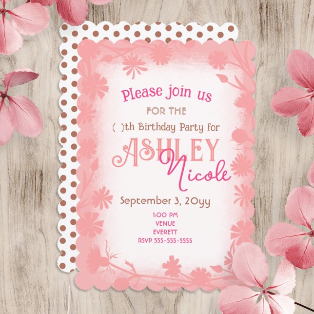 Invitación Peach, Pink Wild Flowers Border Fiesta de Cumpleañ (peach pink floral border, mixed pink, beige script text, brown polka dots birthday party invitation)