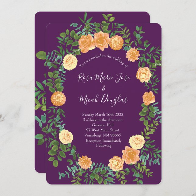 Invitación Peach & Plum Purple Peony y Rosa Boda Floral (Anverso / Reverso)