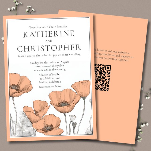 Invitación Peach Poppies Moderno Boda Floral Elegante (Peach Poppies Modern Floral Wedding Invitation with QR Code for Wedding Website.)