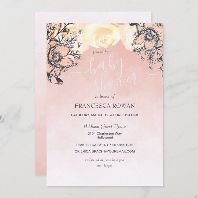 Invitación Peach Poppy + Rosas Baby Shower (Anverso / Reverso)