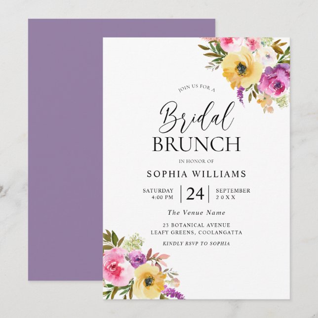 Invitación Peach Purple Rubor Floral Bridal Shower Brunch (Anverso / Reverso)