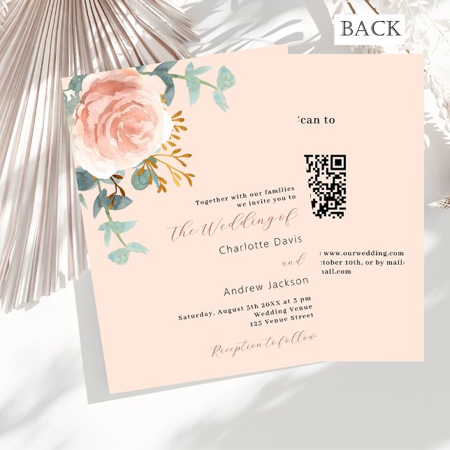 Invitación Peach rosa florals de oro verde QR RSVP boda (Subido por el creador)
