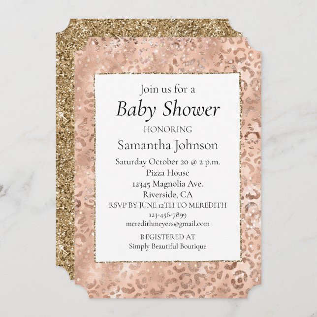 Invitación Peach Rosa Gold Leopard Print (Anverso / Reverso)