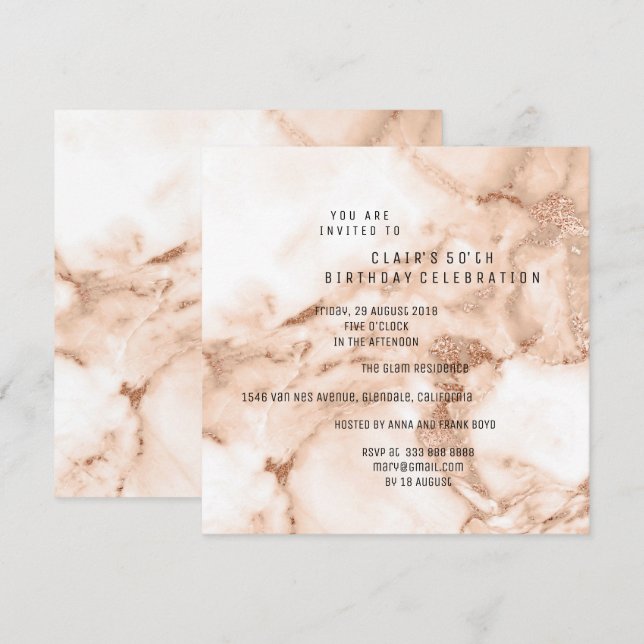 Invitación Peach Rosa Gold Marble Fiesta de cumpleaños mínima (Anverso / Reverso)