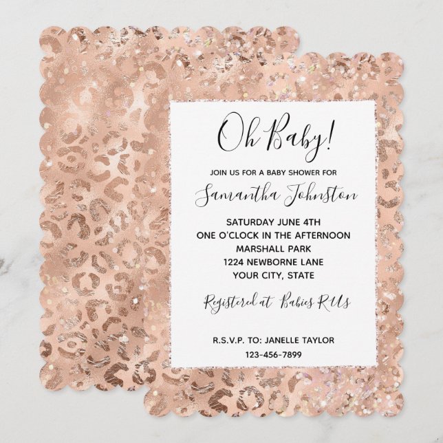Invitación Peach Rosa Leopard Glitz (Anverso / Reverso)