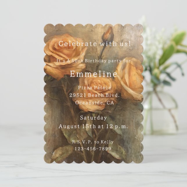 Invitación Peach Rosa Romantic Floral 50 cumpleaños (Anverso de pie)