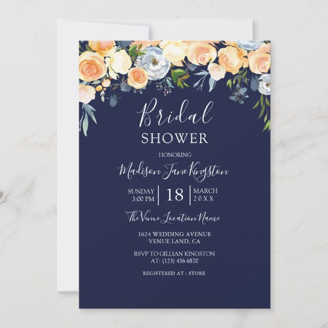 Invitación Peach Rosa Thistle acuarela Floral Bridal Shower (Anverso)