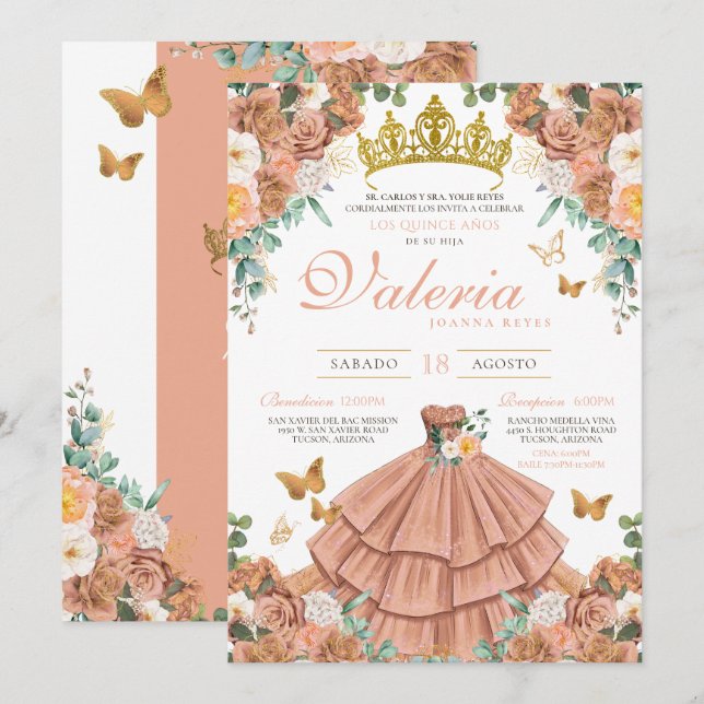 Invitación Peach Rosegold Rubor Butterfly Quinceanera (Anverso / Reverso)