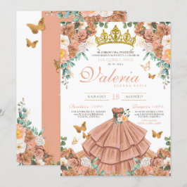 Invitación Peach Rosegold Rubor Butterfly Quinceanera