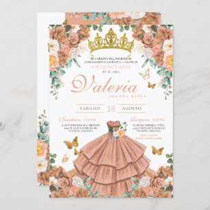 Invitación Peach Rosegold Rubor Butterfly Quinceanera