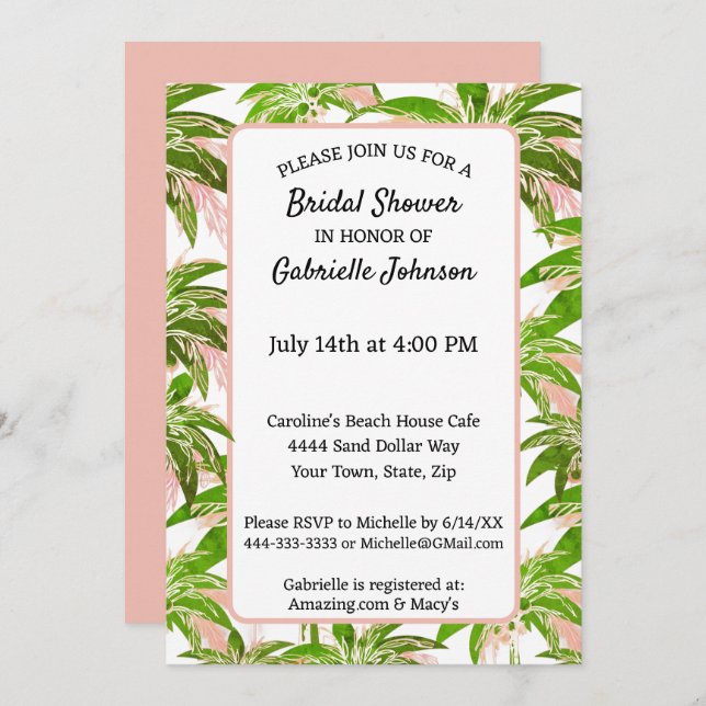 Invitación Peach Rubor Green Palm Tree Summer Shower Fiesta (Anverso / Reverso)
