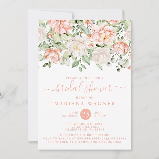 Invitación Peach Rubor Ivory Floral Bridal Shower (Anverso)