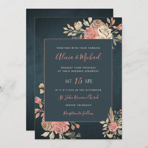 Invitación Peach Rubor Moody Floral Dark Navy Boda azul