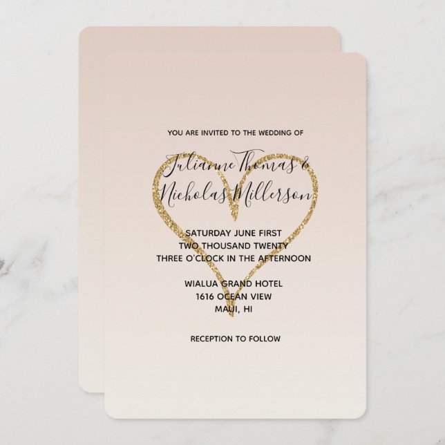 Invitación Peach Rubor Ombre Gold Glitzy Heart (Anverso / Reverso)