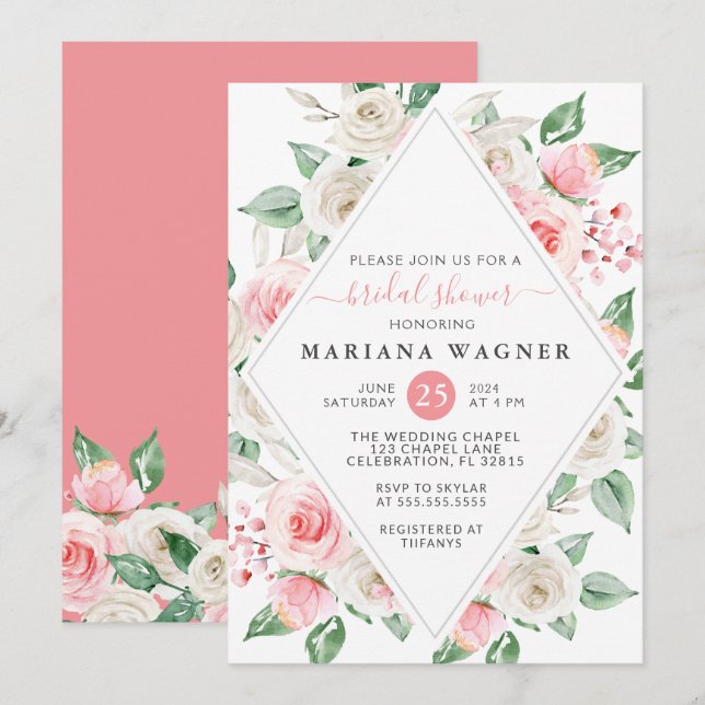 Invitación Peach Rubor Pink Floral Bridal Shower (Anverso / Reverso)