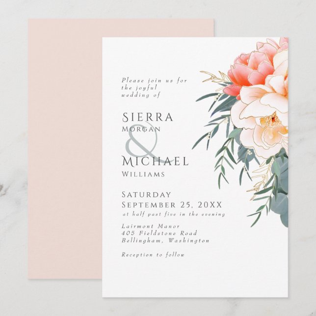 Invitación Peach Rubor Pink Peony Eucalyptus Greenery Boda (Anverso / Reverso)
