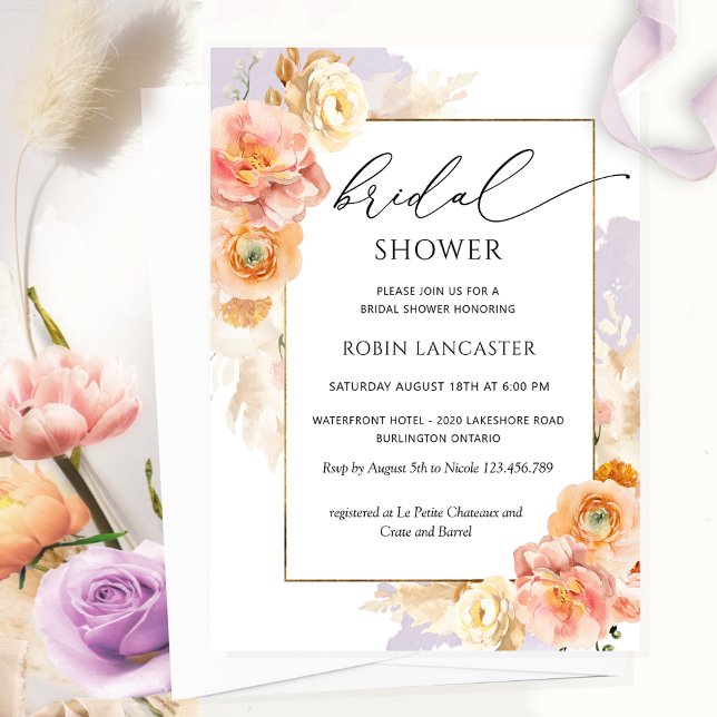 Invitación Peach, Rubor, Purple Floral Bridal Shower /Brunch (Subido por el creador)