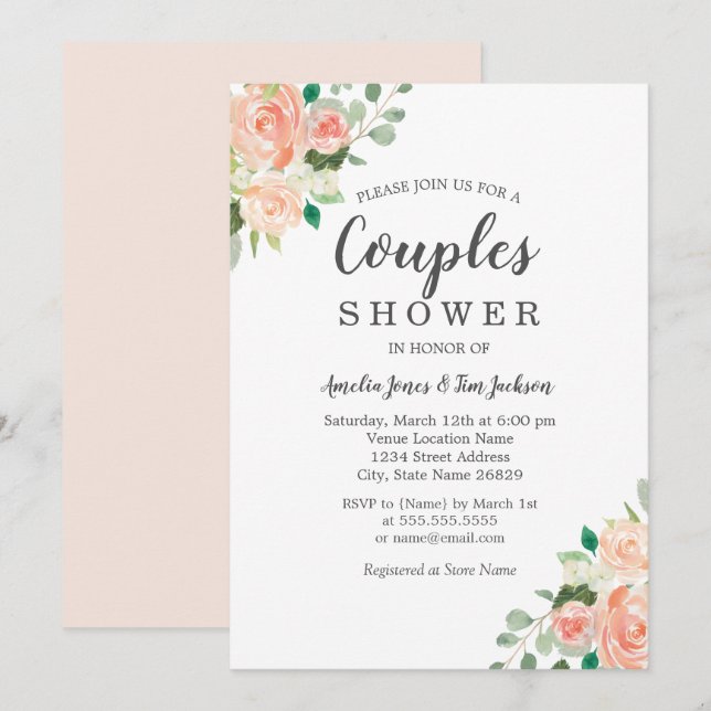Invitación Peach Rubor Watercolor Floral Couples Shower (Anverso / Reverso)