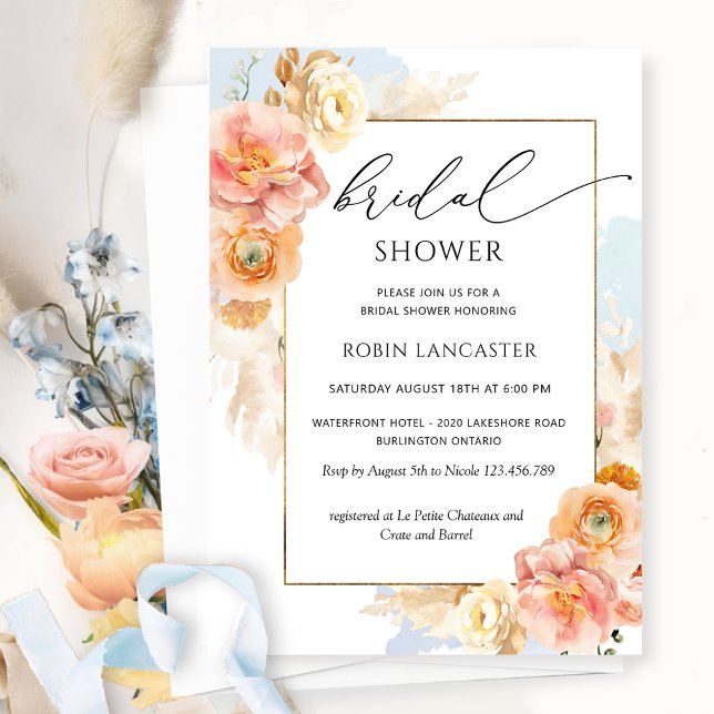Invitación Peach, Rubor y Blue Floral Bridal Shower /Brunch (Subido por el creador)