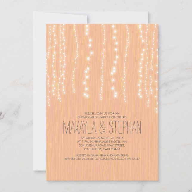Invitación Peach Rustic String of Lights Engagement Party (Anverso)
