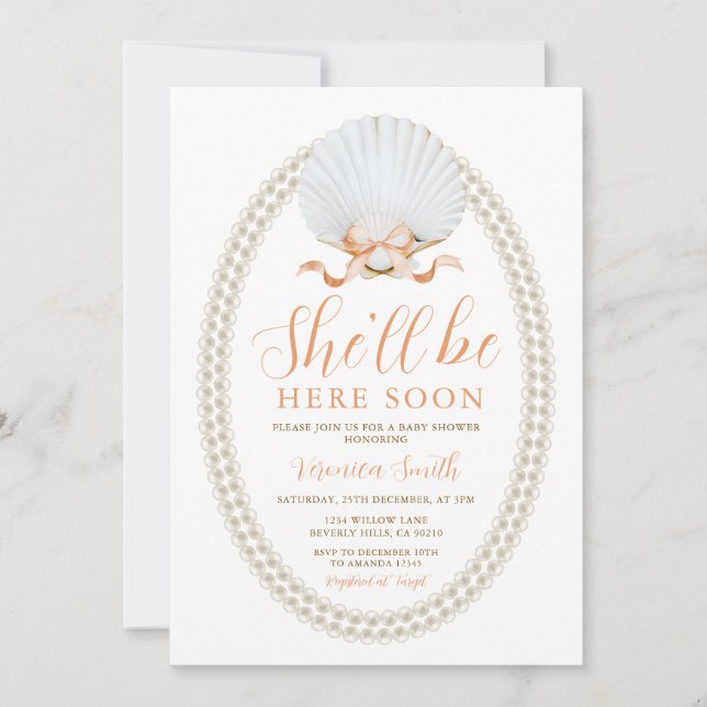 Invitación  Peach She'll Be Here Soon Sea Shell Baby Shower (Anverso)