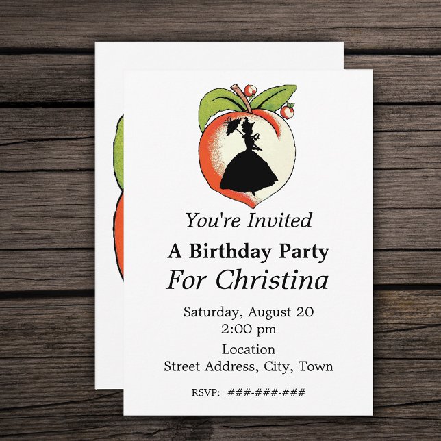 Invitación Peach Silhouette Southern Bell Birthday (Silhouette of Southern Belle on a Georgia Peach with leaves on  white Birthday party invitiations.)