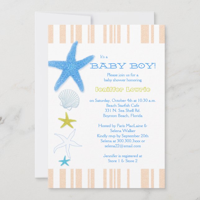 Invitación Peach Stripes Blue Beach Baby Boy Baby Shower (Anverso)