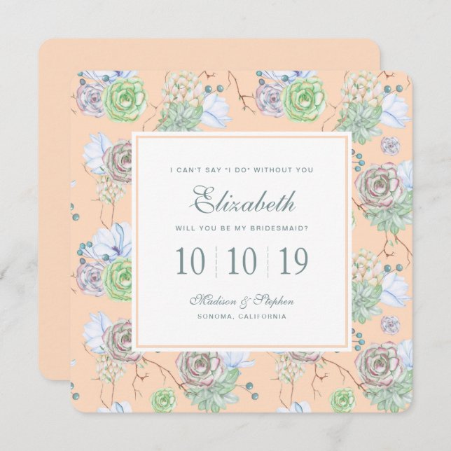 Invitación Peach Succulum Floral Watercolor - Bridesmaid (Anverso / Reverso)