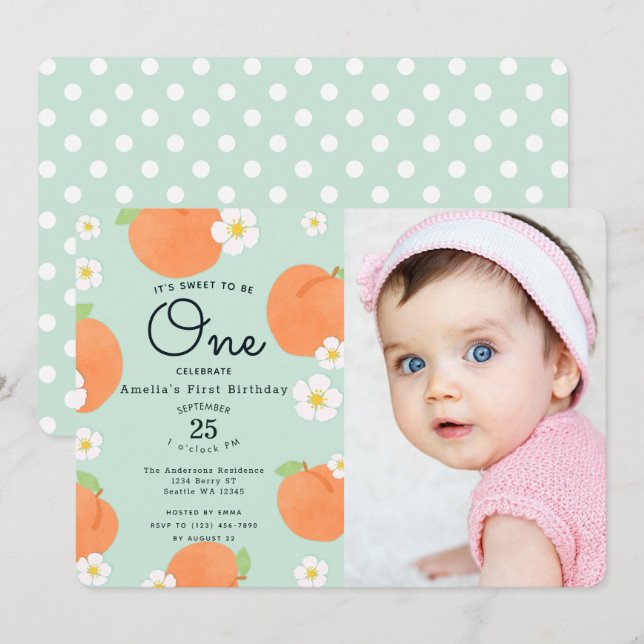 Invitación Peach Sweet to Be One First Birthday Photo (Anverso / Reverso)