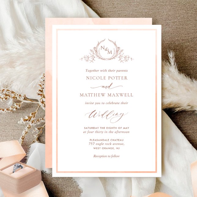 Invitación Peach Watercolor Elegante Boda Monograma (Subido por el creador)