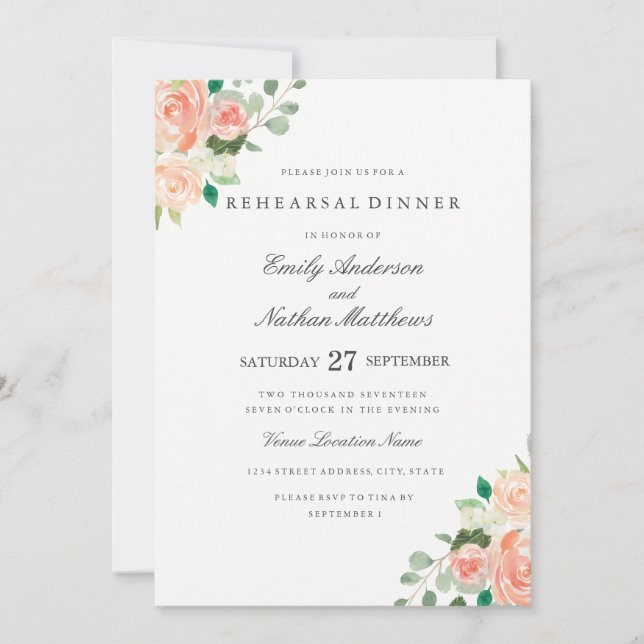 Invitación Peach Watercolor Floral Boda Ensayo Cena (Anverso)