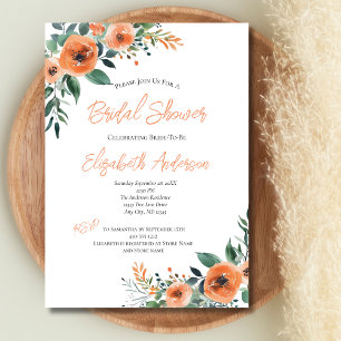 Invitación Peach Watercolor Floral Elegante Ducha Bridal