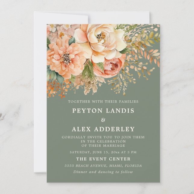 Invitación Peach Watercolor Floral Sage Green Boda (Anverso)