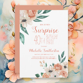 Invitación Peach Watercolor Floral Sorpresa 40 cumpleaños