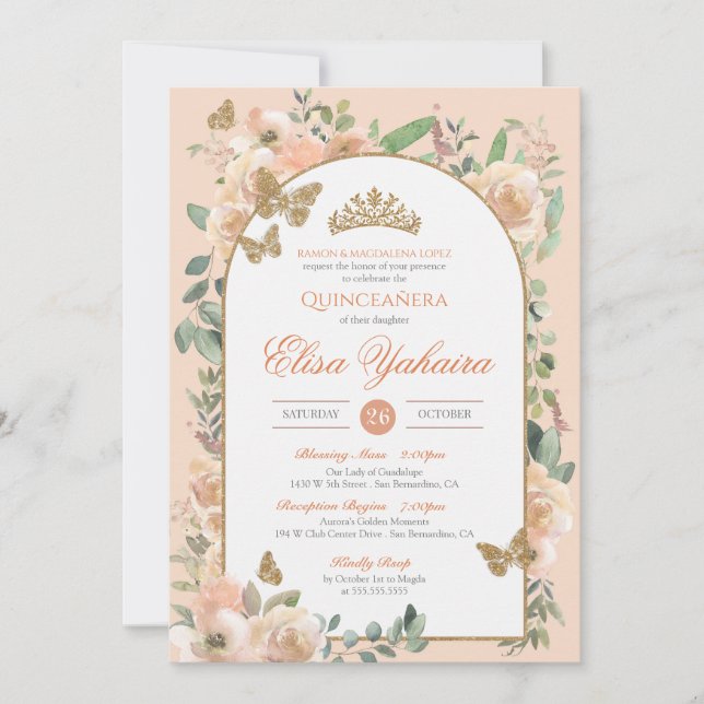 Invitación Peach Watercolor Golden Butfly Quinceanera (Anverso)