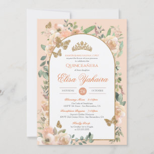 Invitación Peach Watercolor Golden Butfly Quinceanera