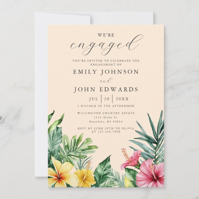 Invitación Peach Watercolor Tropical Floral Engagement Party (Anverso)