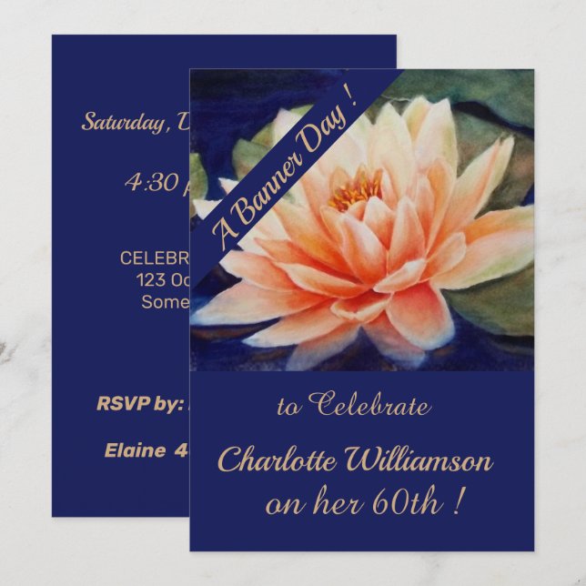 Invitación Peach Waterlily Watercolor Floral Cumpleaños (Anverso / Reverso)
