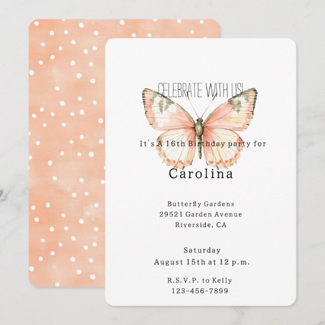 Invitación Peach White Dots Butterfly Birthday (Anverso / Reverso)