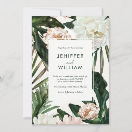 Invitación Peach White Peonies and Green Leaves Boda Floral